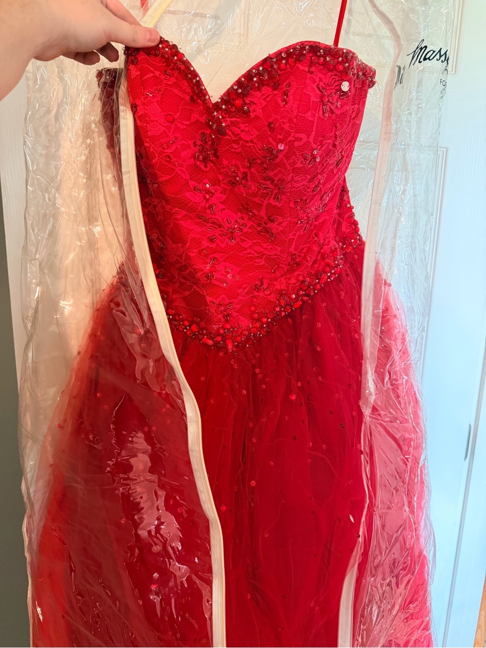 Red Strapless Beaded Lace Prom Dress